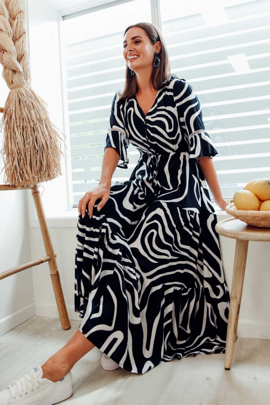 Clothing Willow Tree Maxi Dresses | Lima Navy Swirl Button Tier Dress