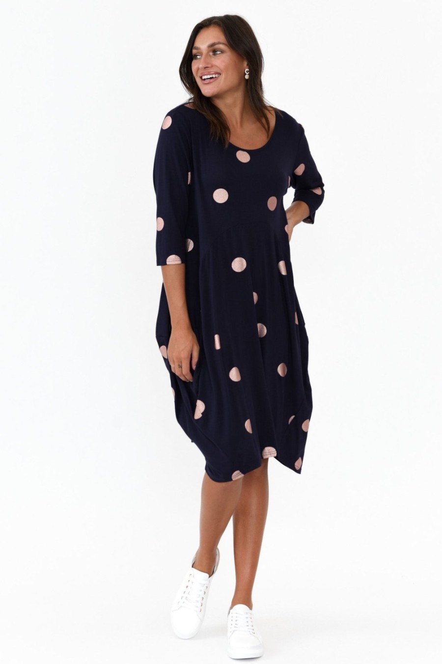 Clothing Cali and Co Below Knee Dresses | Coco Navy Spot Sleeved Dress