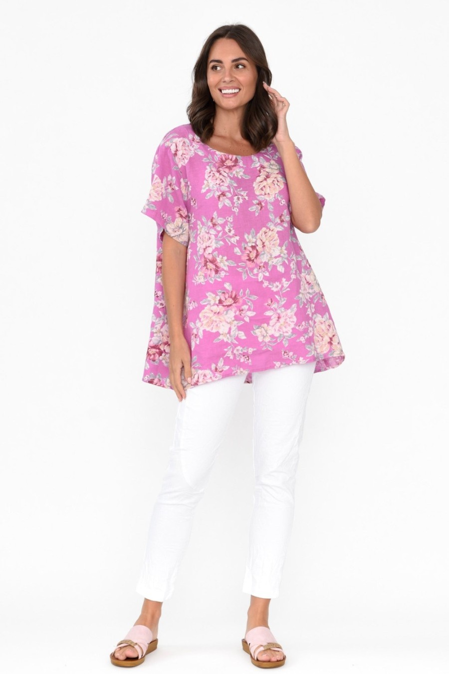 Clothing Cali and Co Linen Tops | Idalia Pink Blossom Linen Top