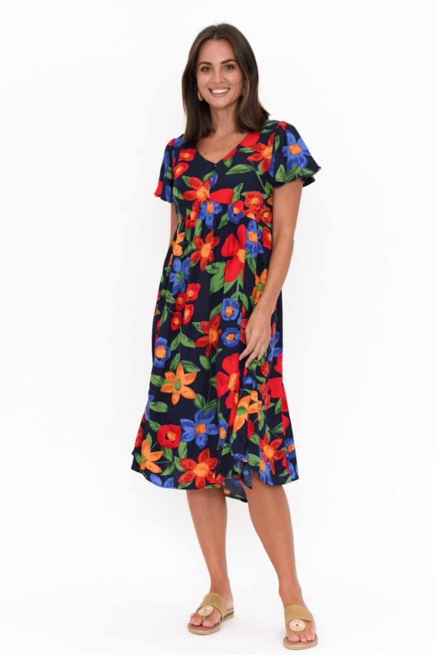 Clothing Hourglass Below Knee Dresses | Kalena Navy Flower Dress