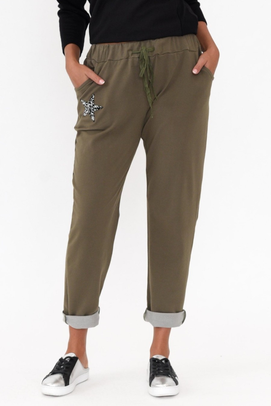 Clothing Cali and Co Pants | Darius Khaki Star Cotton Stretch Pant