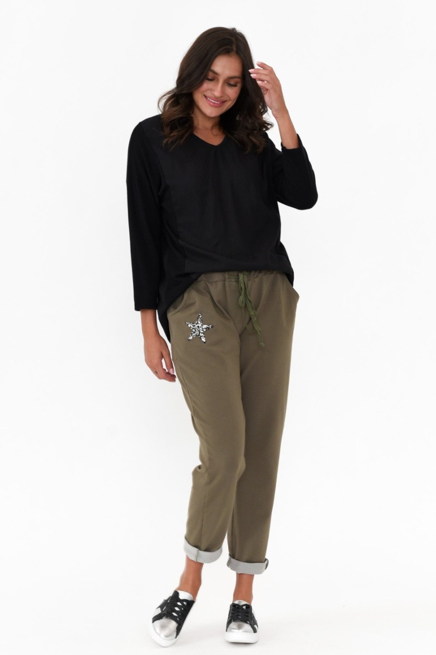 Clothing Cali and Co Pants | Darius Khaki Star Cotton Stretch Pant