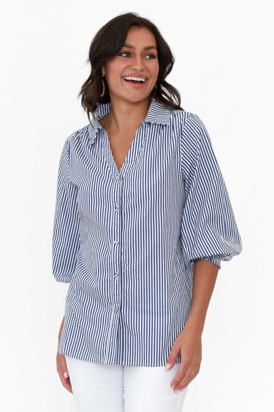 Clothing Silver Wishes Cotton Tops | Troy Navy Stripe Cotton Shirt