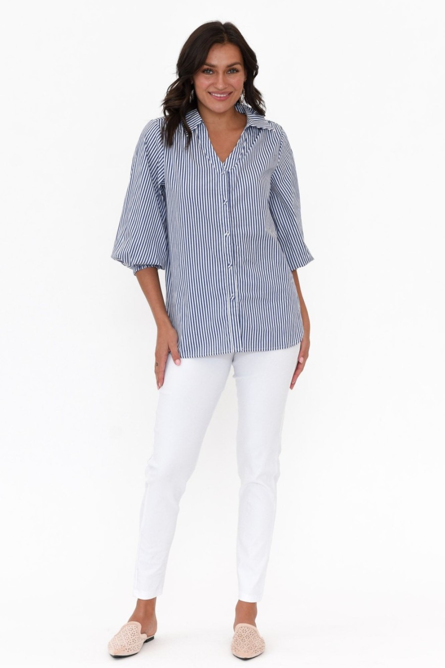 Clothing Silver Wishes Cotton Tops | Troy Navy Stripe Cotton Shirt