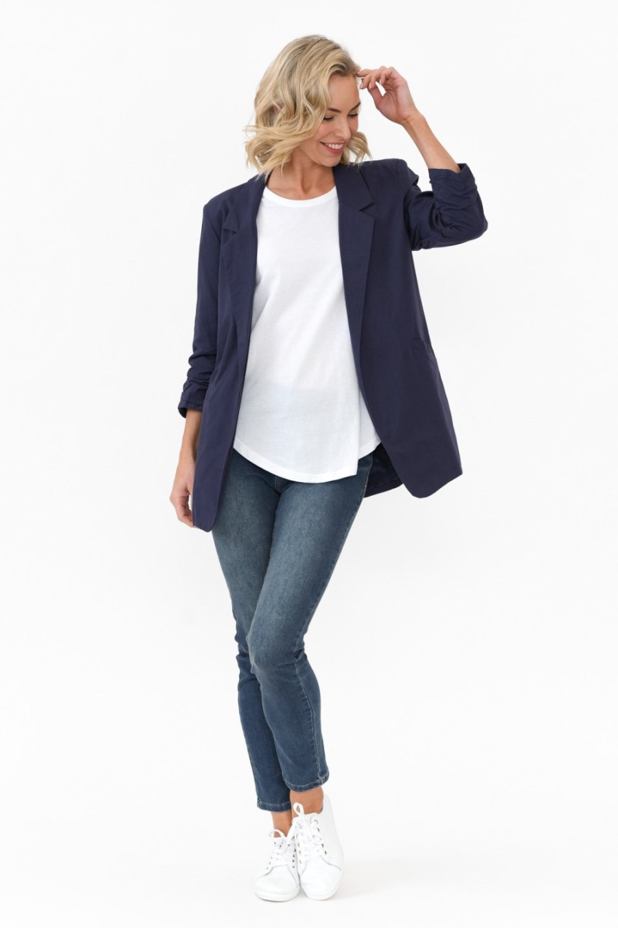 Clothing Cali and Co Jackets | Figaro Navy Cotton Blazer