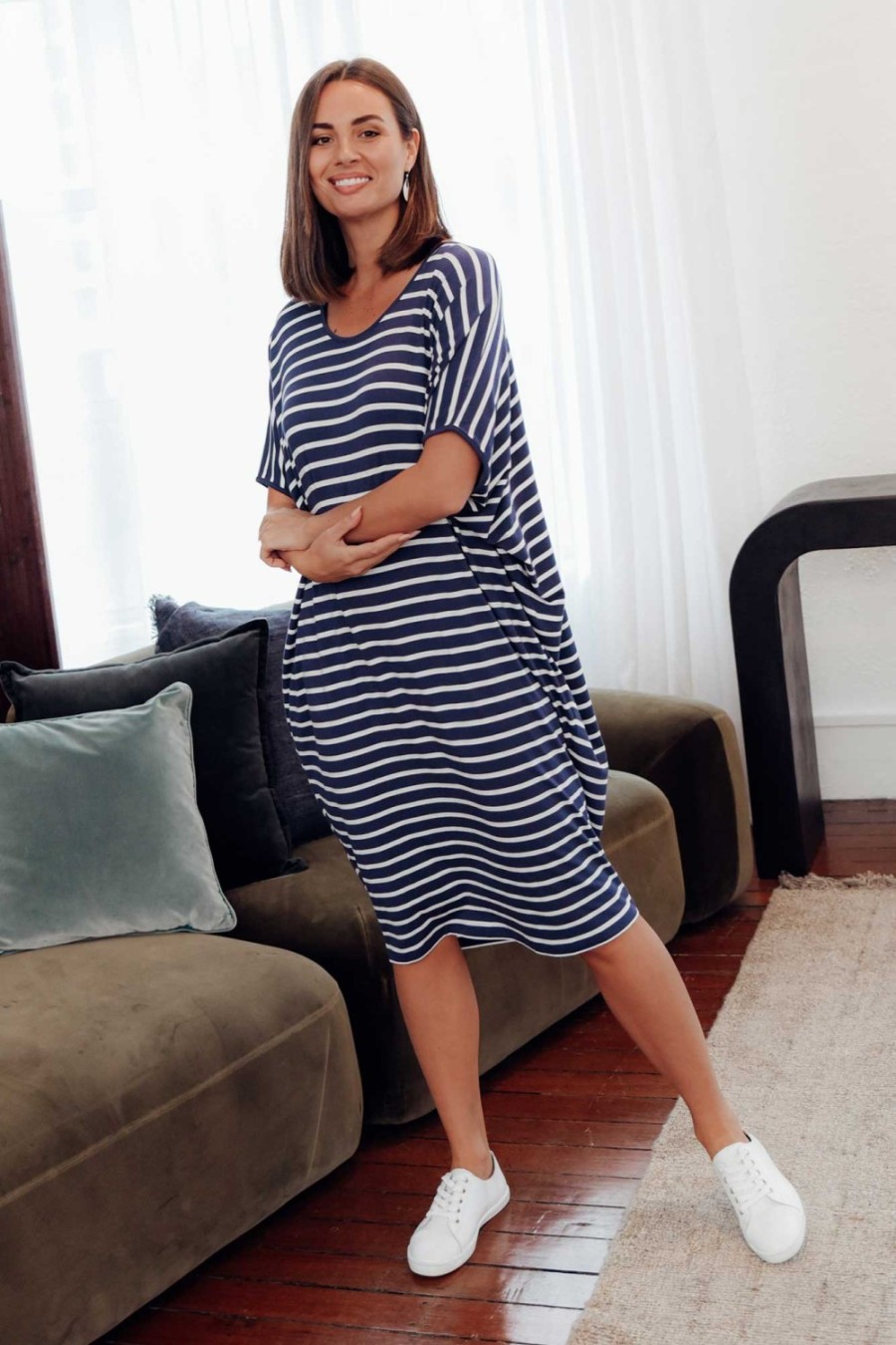 Clothing Betty Basics Batwing Dresses | Navy Parisian Stripe Maui Dress