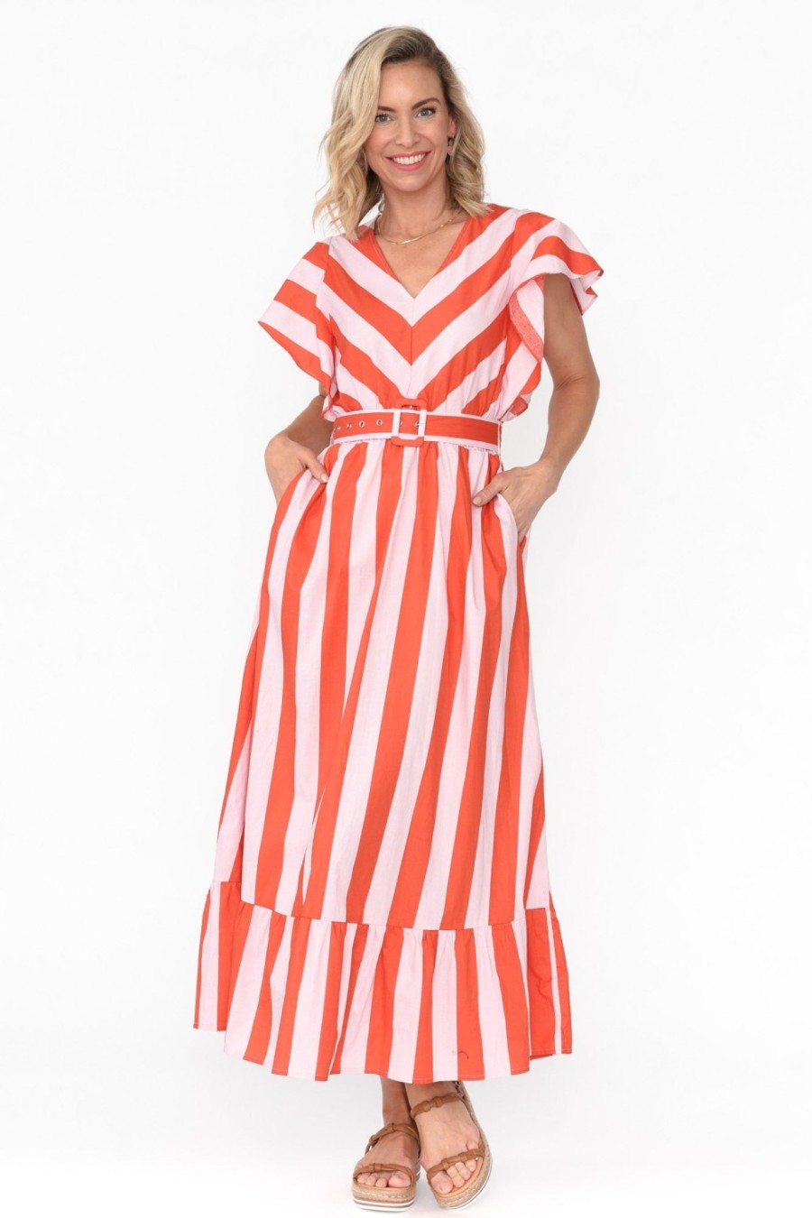 Clothing Label Of Love Cotton Dresses | Winslow Pink Stripe Cotton Belted Dress