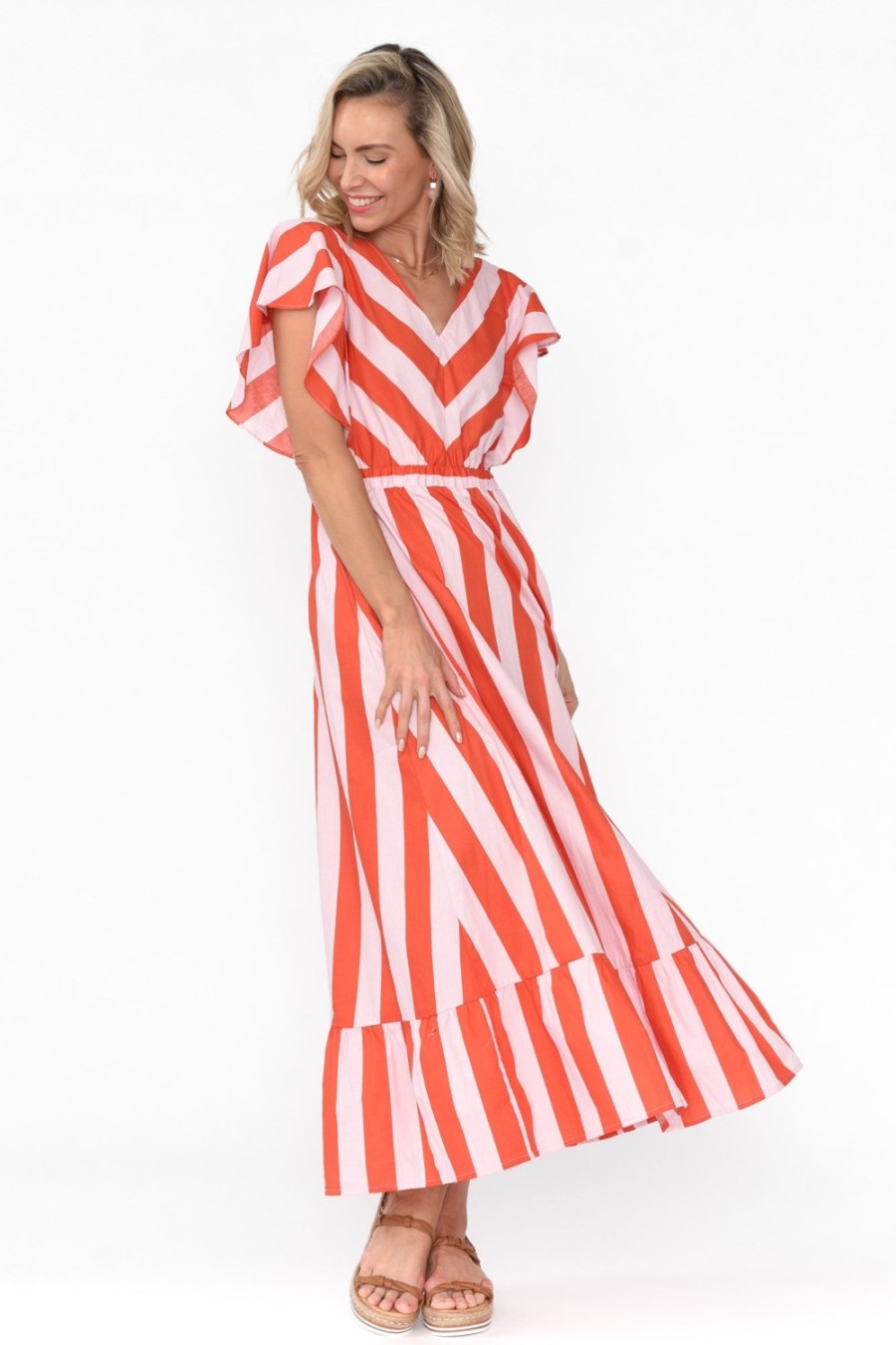 Clothing Label Of Love Cotton Dresses | Winslow Pink Stripe Cotton Belted Dress