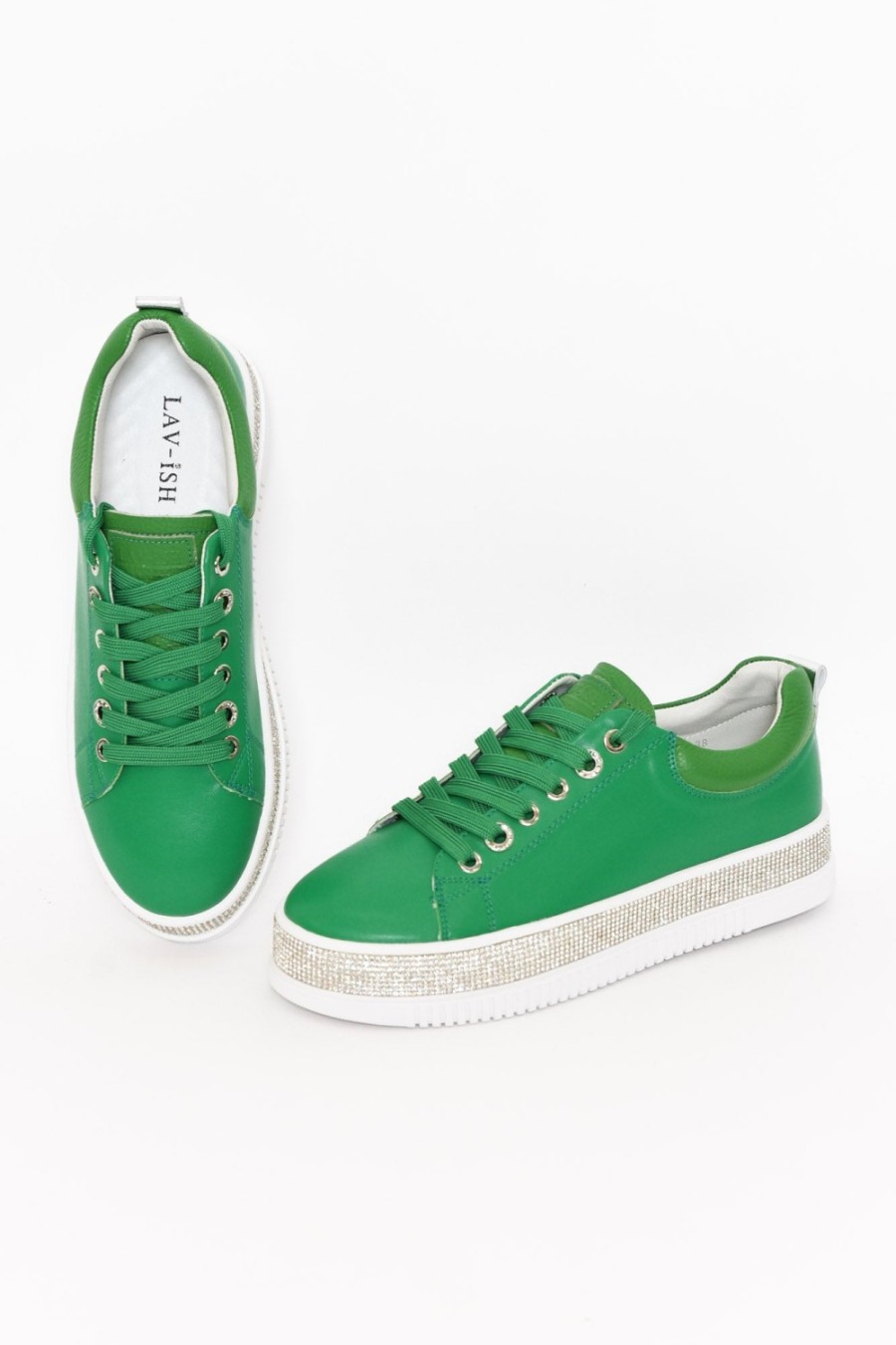 Shoes Lav-ish Leather Sneakers | Lange Green Leather Diamante Sneaker