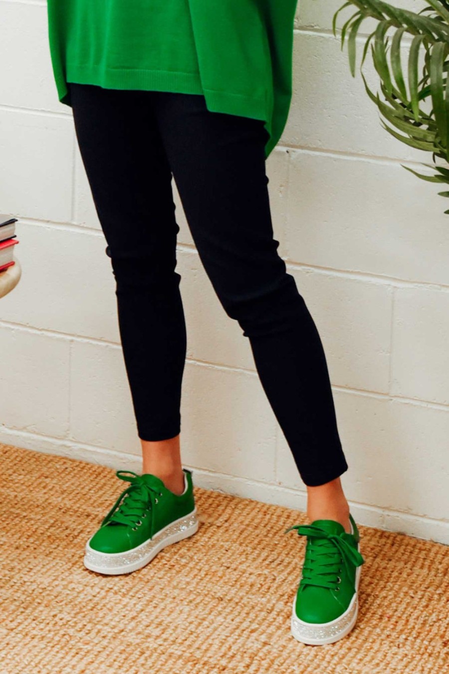 Shoes Lav-ish Leather Sneakers | Lange Green Leather Diamante Sneaker