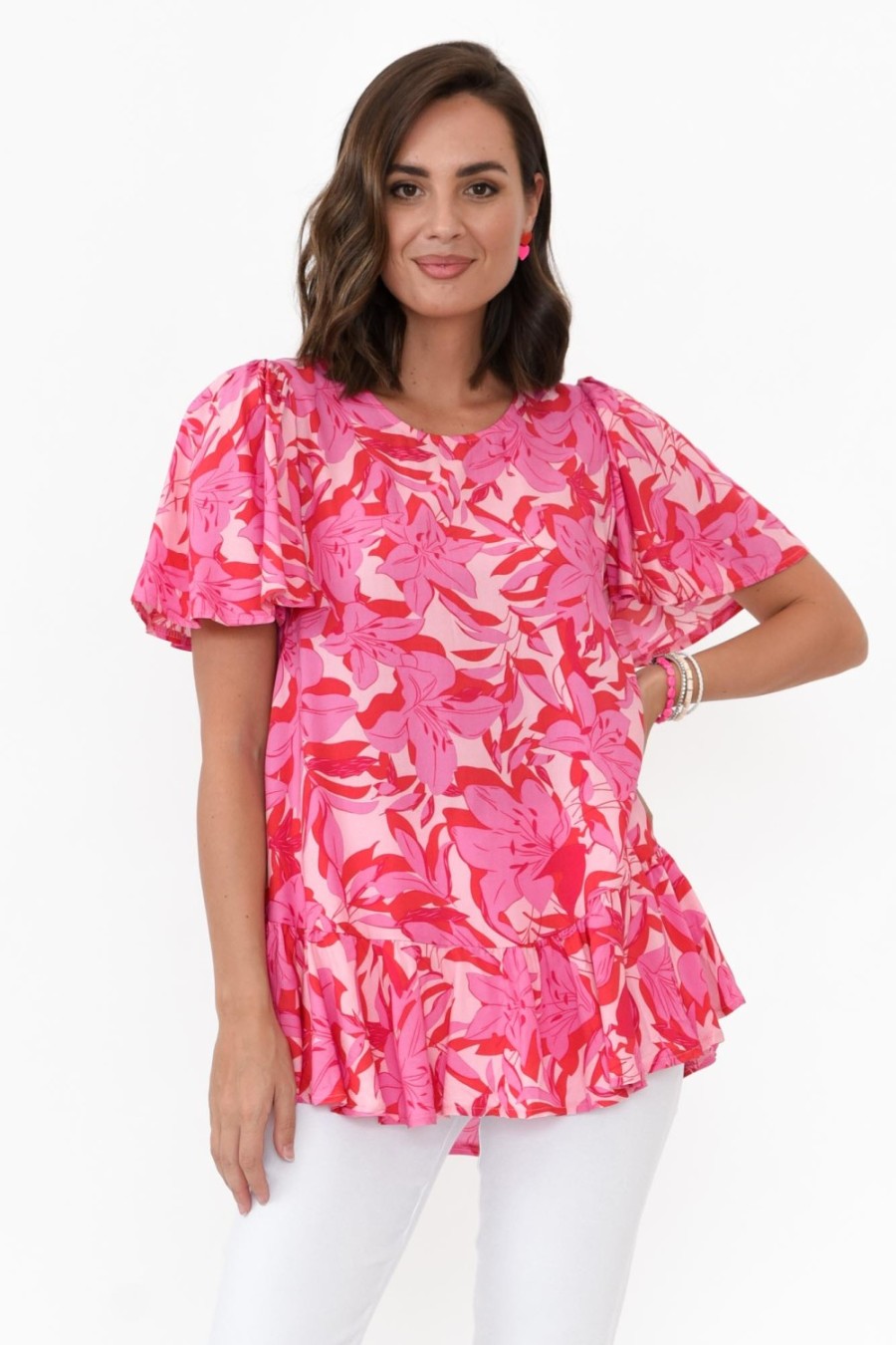 Clothing New U Collection Sleeved Tops | Roswell Pink Tropical Ruffle Top