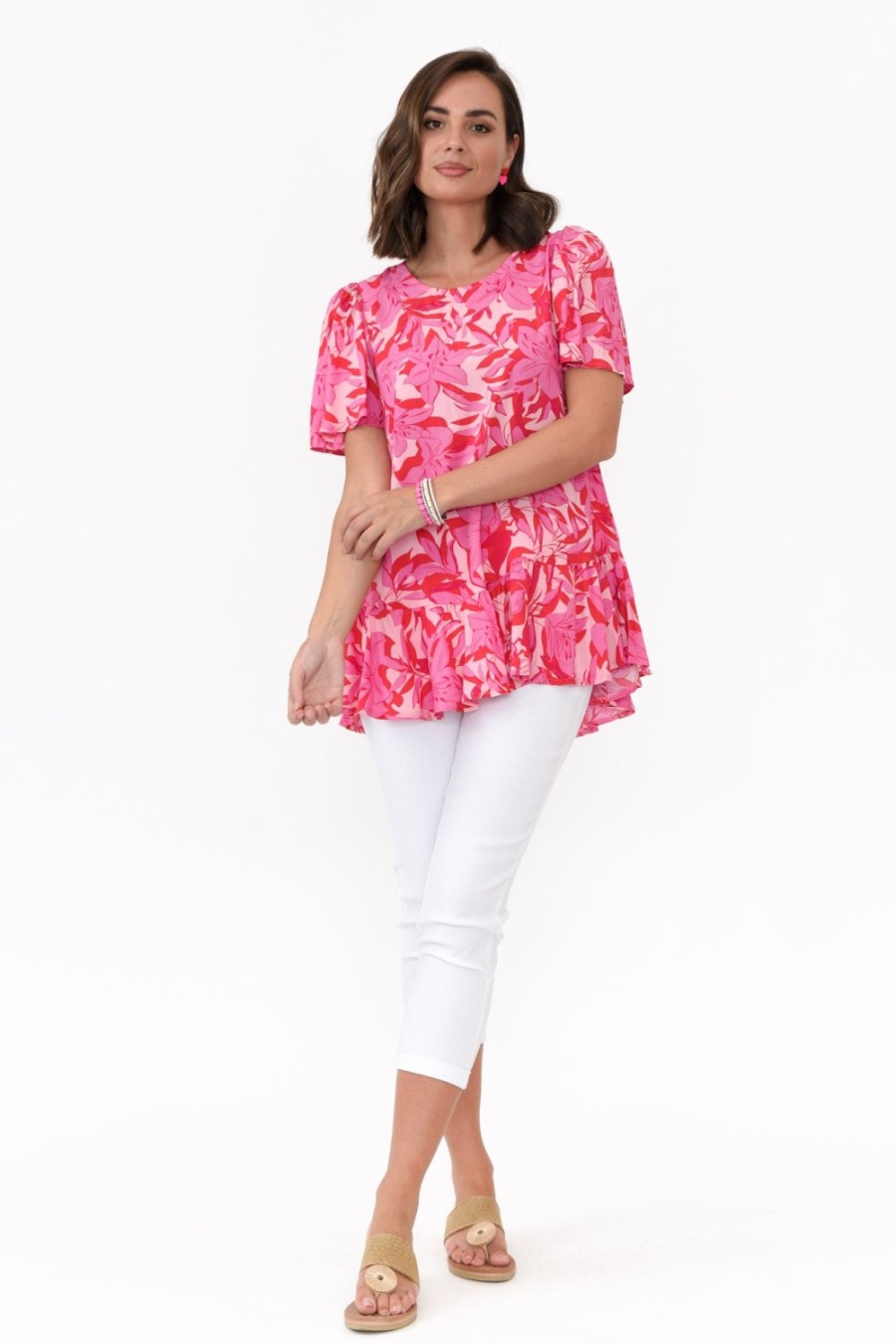 Clothing New U Collection Sleeved Tops | Roswell Pink Tropical Ruffle Top