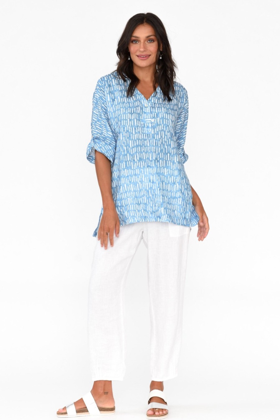 Clothing Foil Linen Tops | Edith Blue Geo Linen Top