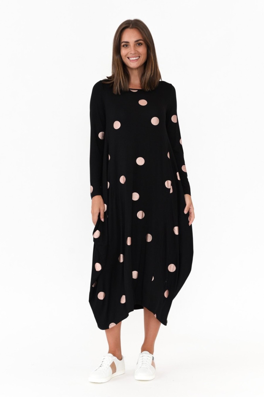 Clothing Cali and Co Midi Dresses | Kendal Black Spot Long Sleeve Dress