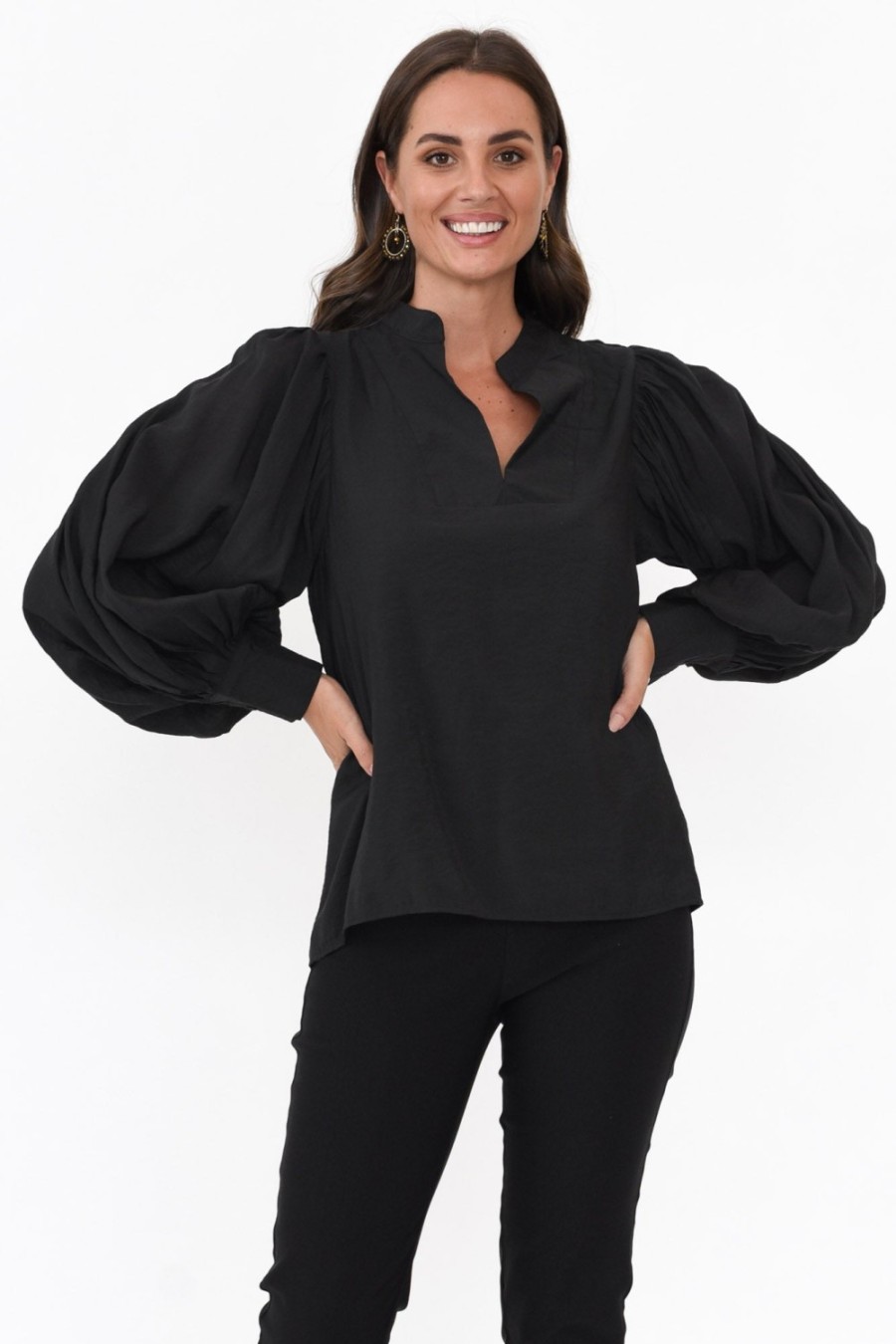 Clothing Cali and Co Cotton Tops | Kane Black Cotton Blend Top