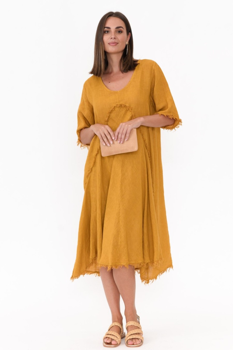 Clothing Donna Donna Linen Dresses | Desmond Mustard Linen Frayed Dress