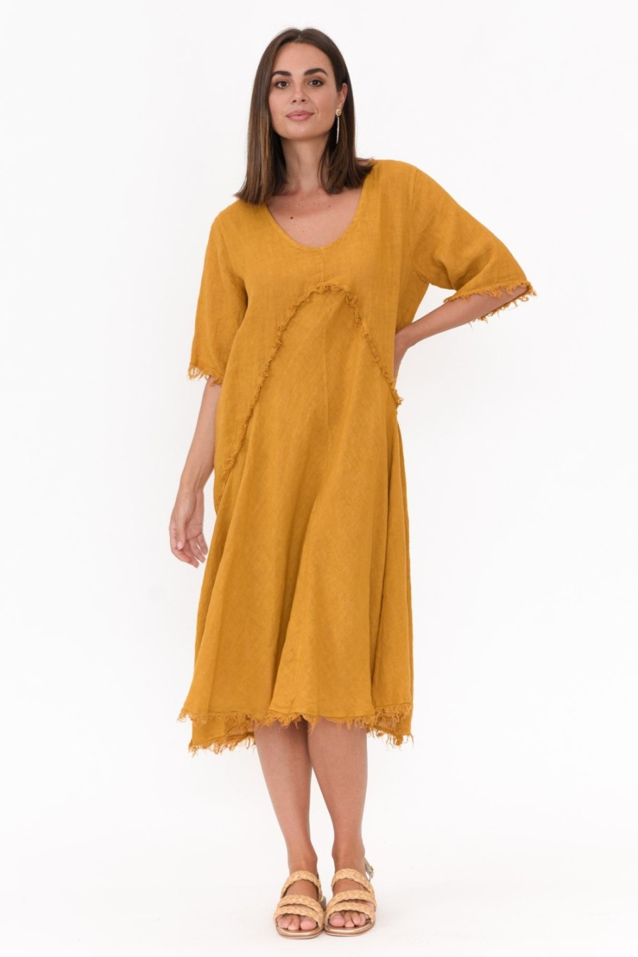 Clothing Donna Donna Linen Dresses | Desmond Mustard Linen Frayed Dress