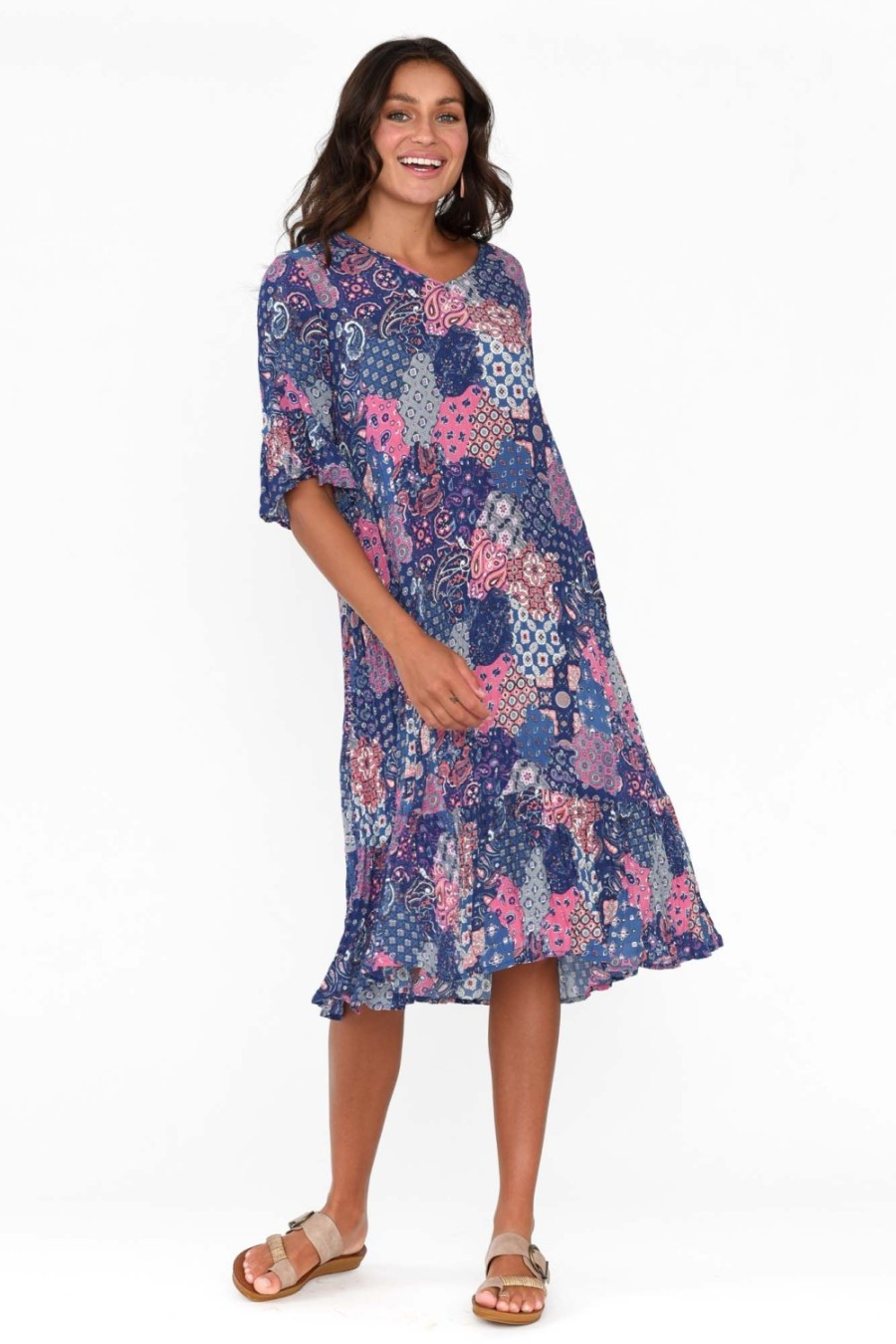 Clothing One Summer Below Knee Dresses | Calla Purple Patchwork Crinkle Dress