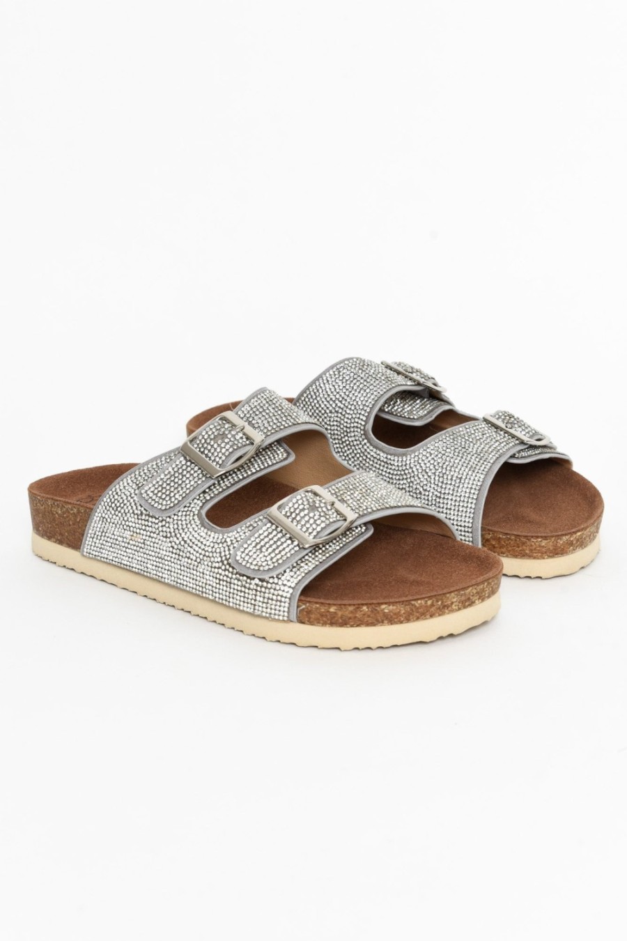 Shoes Laguna Quays Slides | Twain Silver Diamante Double Buckle Slide