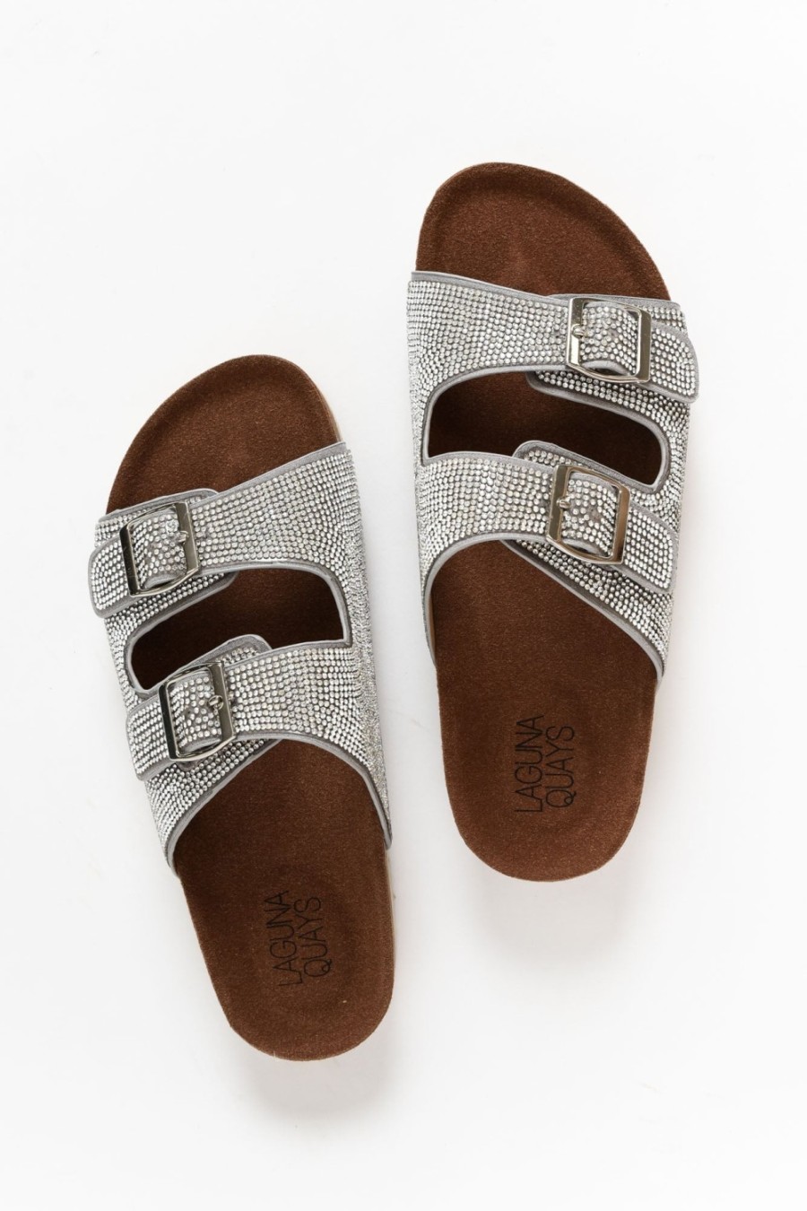 Shoes Laguna Quays Slides | Twain Silver Diamante Double Buckle Slide