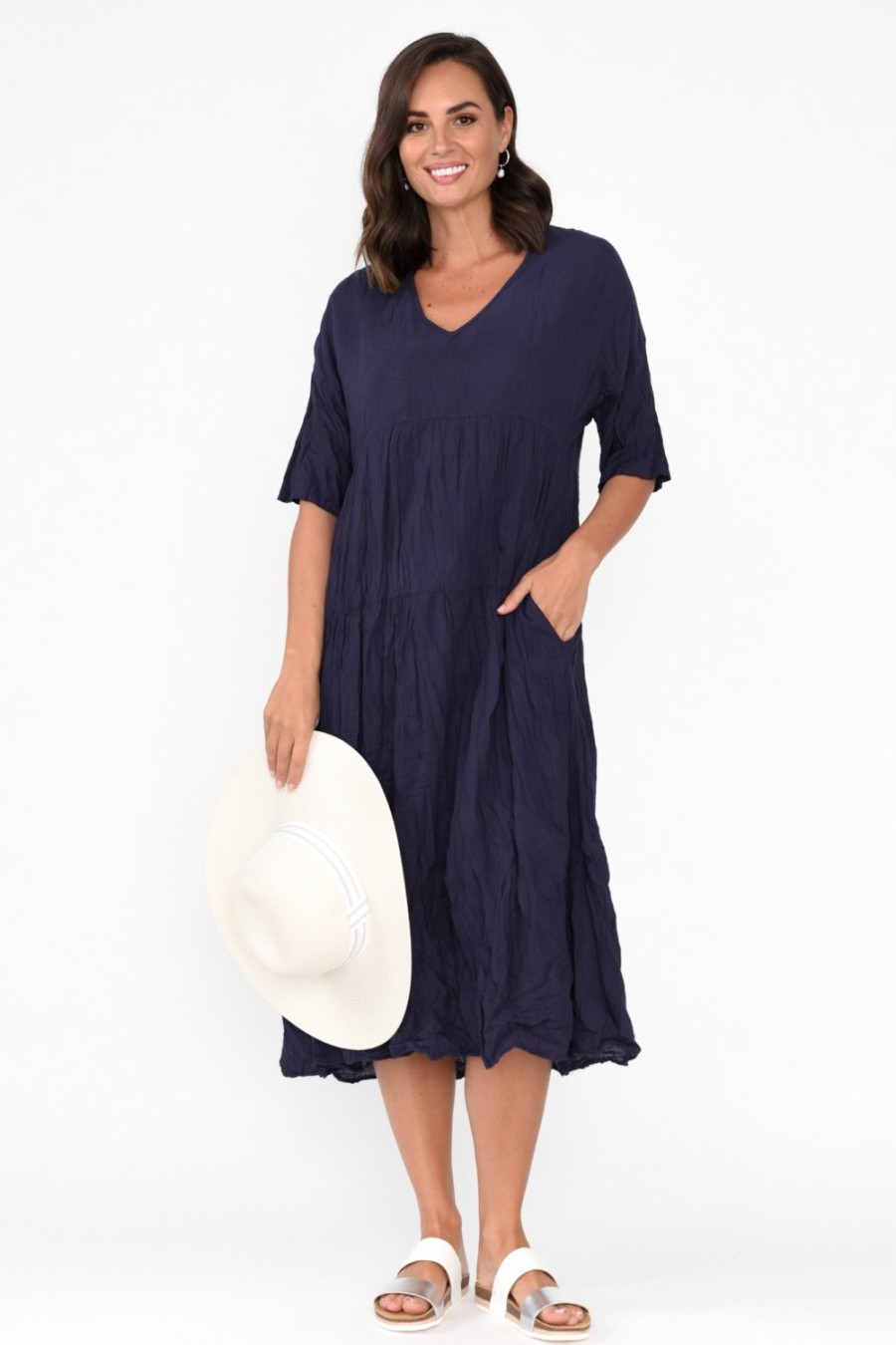 Clothing Namastai Cotton Dresses | Embry Navy Crinkle Cotton Dress