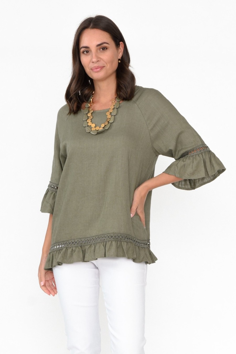 Clothing Ruby Rain Linen Tops | Tinker Khaki Linen Cotton Ruffle Top