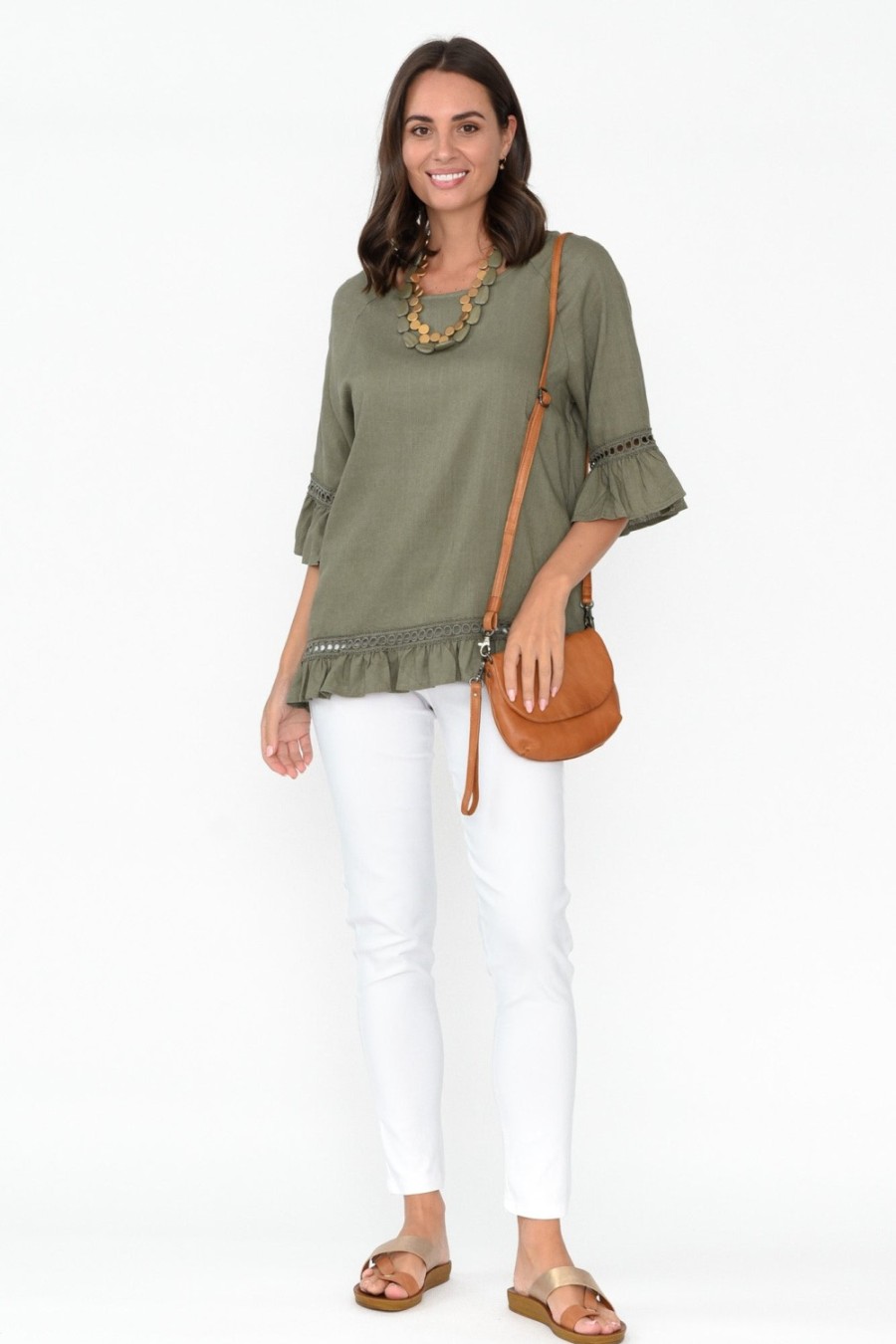 Clothing Ruby Rain Linen Tops | Tinker Khaki Linen Cotton Ruffle Top