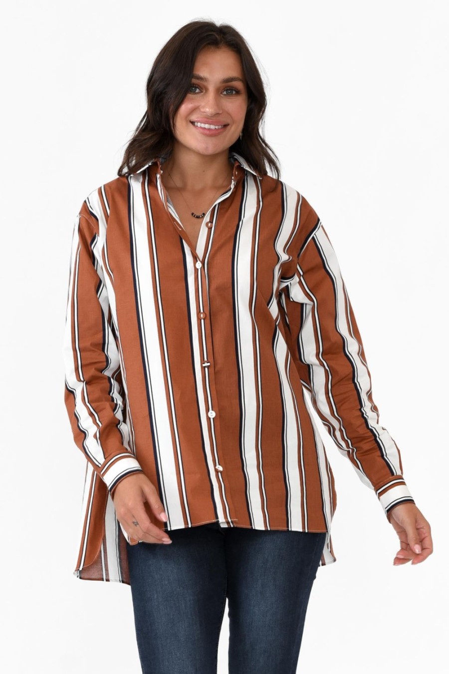 Clothing 365 Days Cotton Tops | Pilar Tan Stripe Cotton Shirt