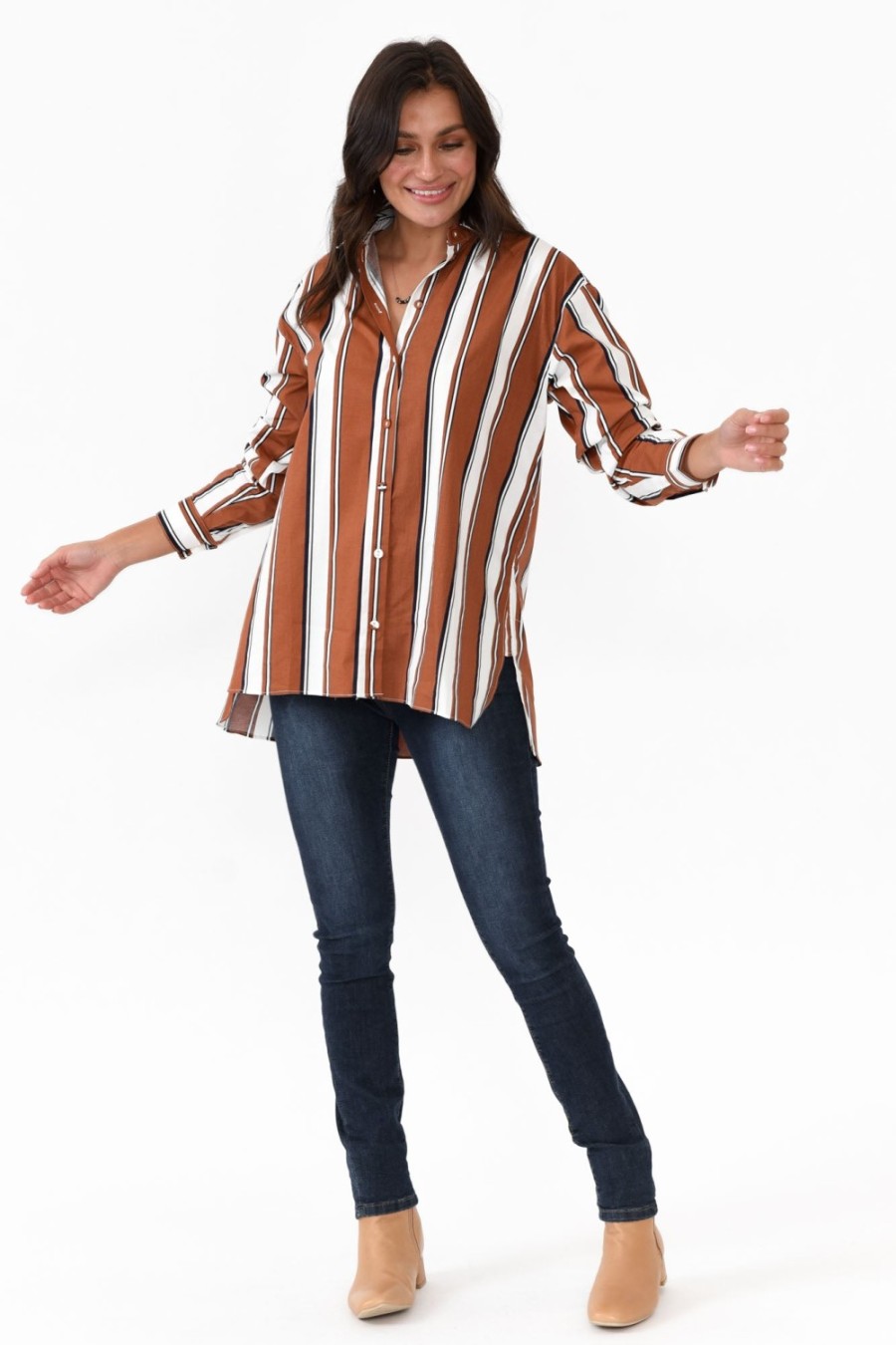 Clothing 365 Days Cotton Tops | Pilar Tan Stripe Cotton Shirt