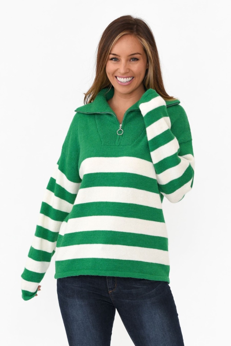 Clothing Isabella Boho Knitwear | Kinsley Green Stripe Zip Jumper