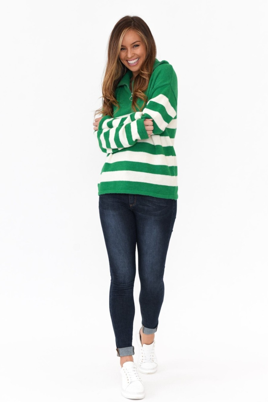 Clothing Isabella Boho Knitwear | Kinsley Green Stripe Zip Jumper