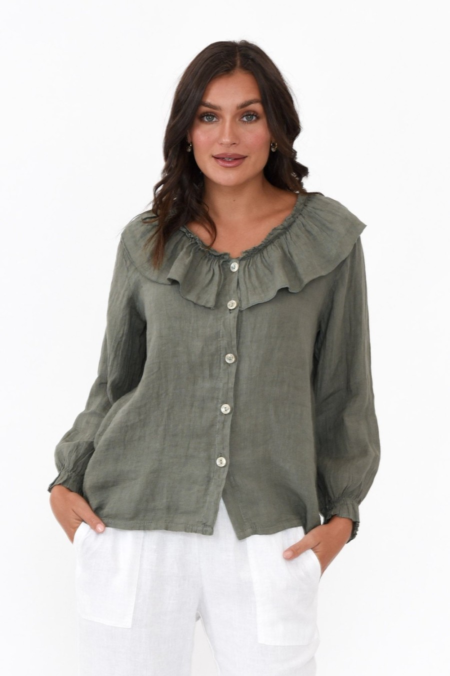 Clothing Fabuler Linen Tops | Sullivan Khaki Linen Frill Top