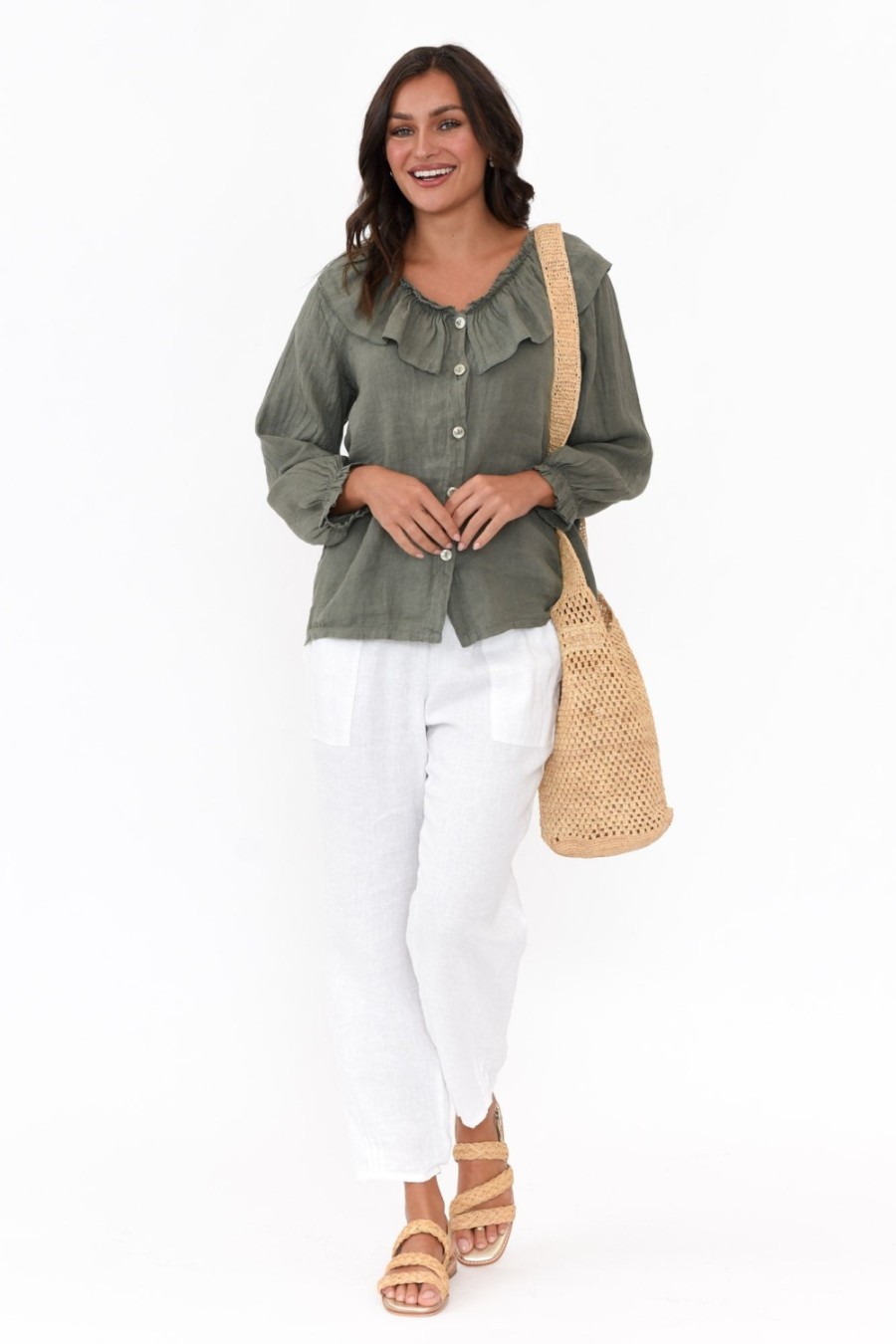 Clothing Fabuler Linen Tops | Sullivan Khaki Linen Frill Top