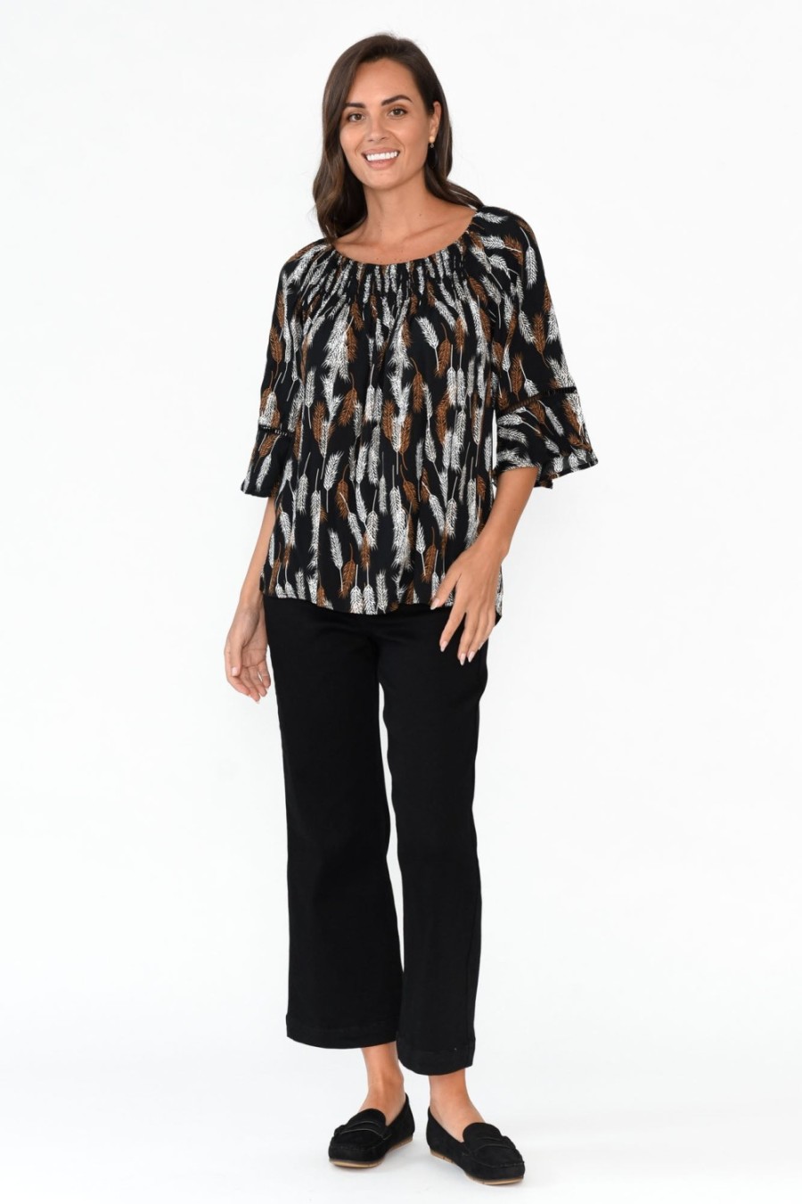 Clothing Willow Tree Sleeved Tops | Welda Black Leaf Frill Top