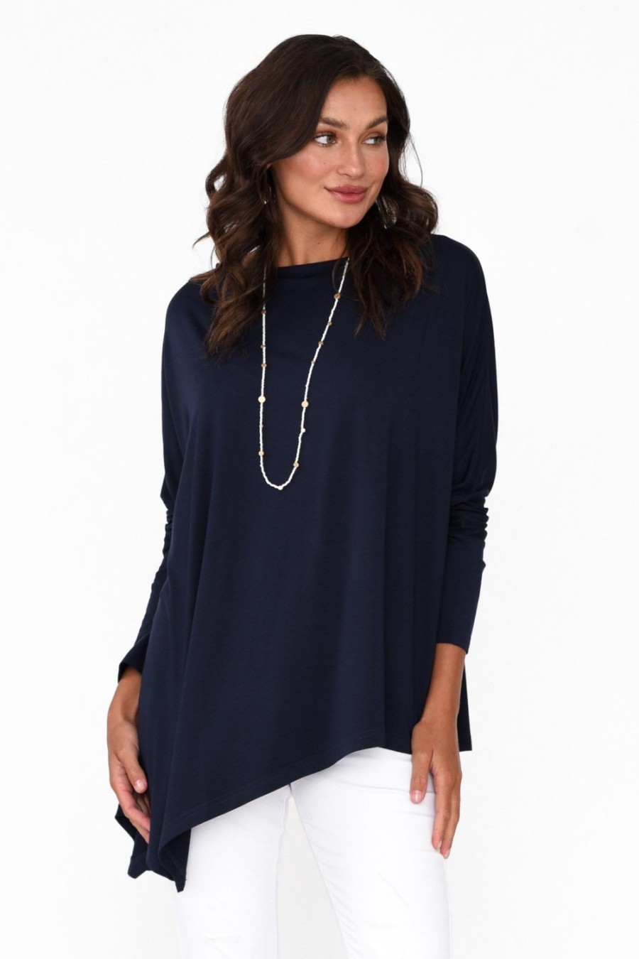 Clothing Lou Lou Sleeved Tops | Susie Navy Asymmetrical Bamboo Top