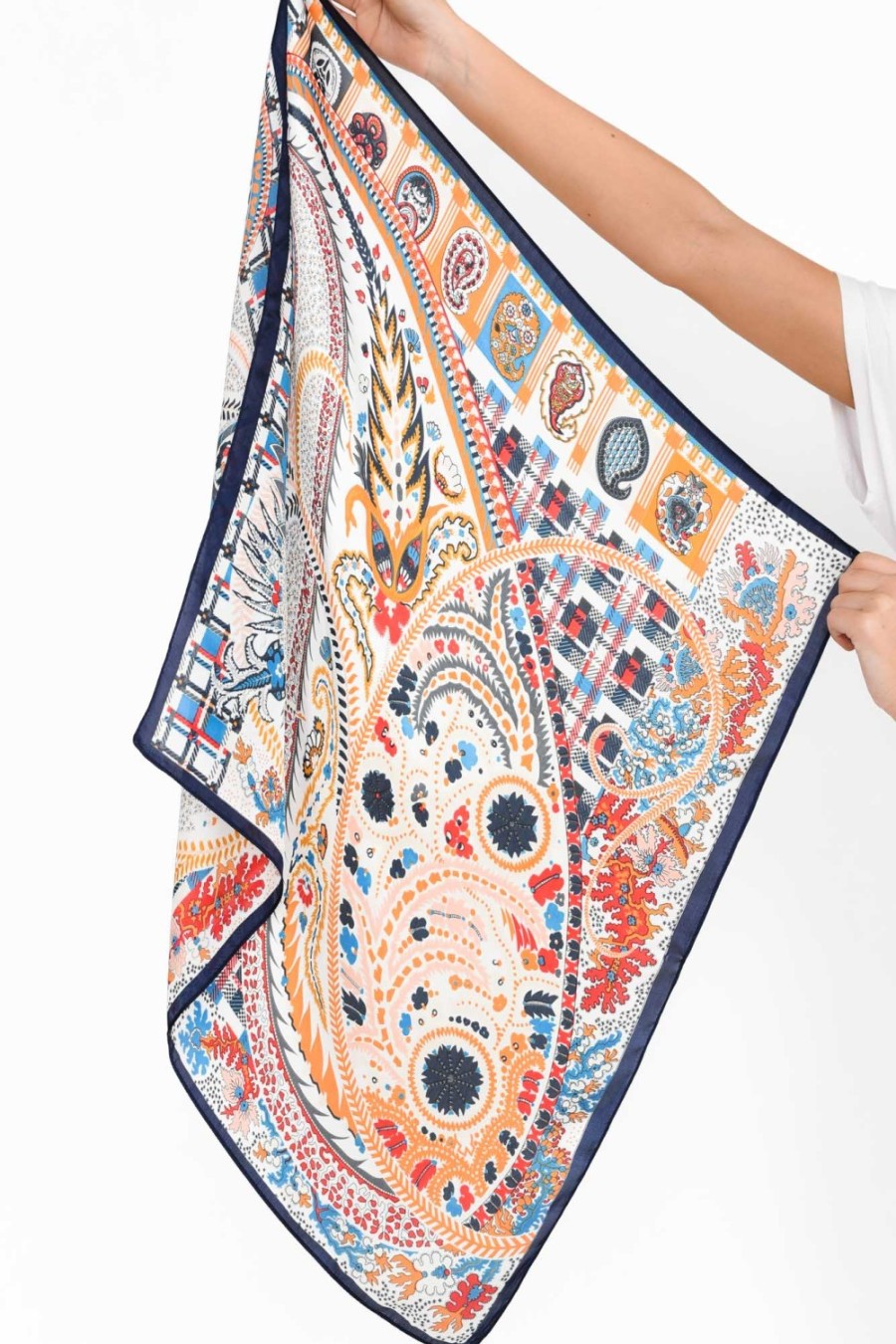 Clothing Zoda Scarves | Lizette Navy Satin Paisley Square Scarf