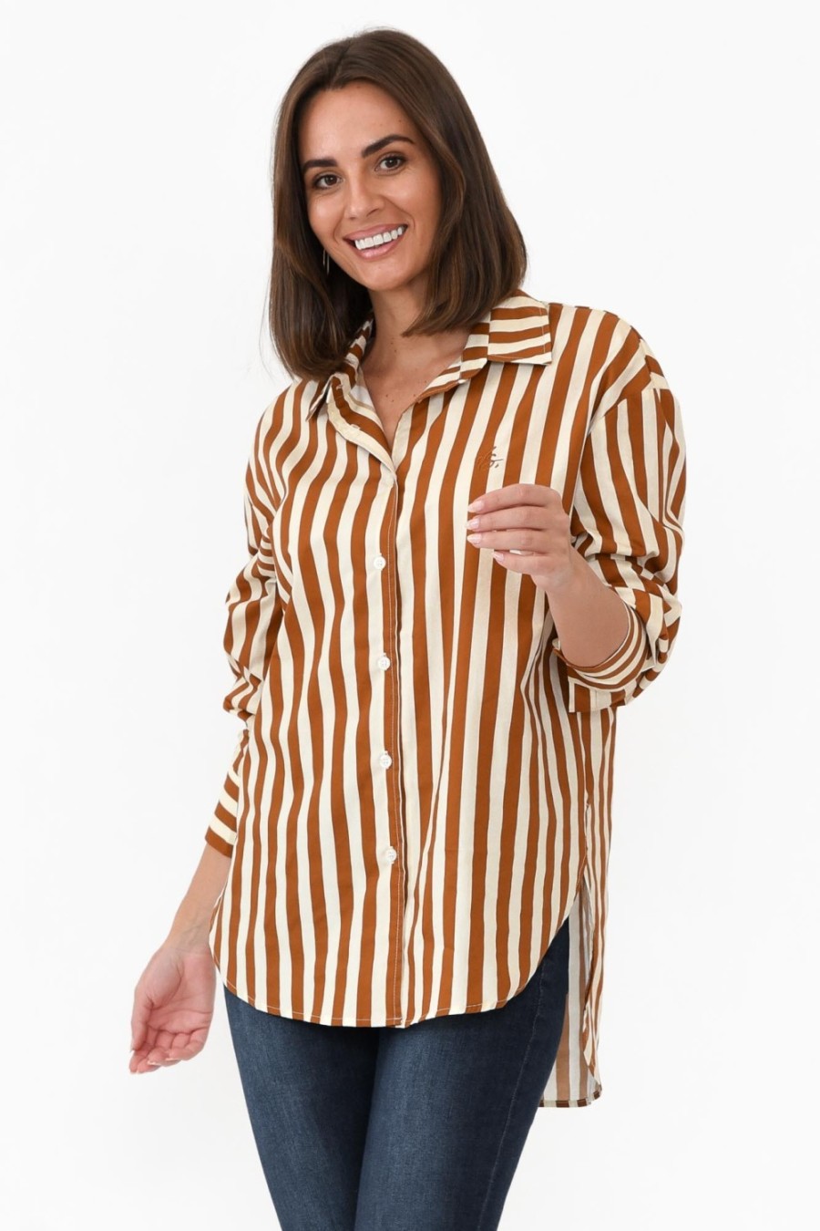 Clothing Dear Sutton Cotton Tops | Presley Rust Stripe Cotton Poplin Shirt