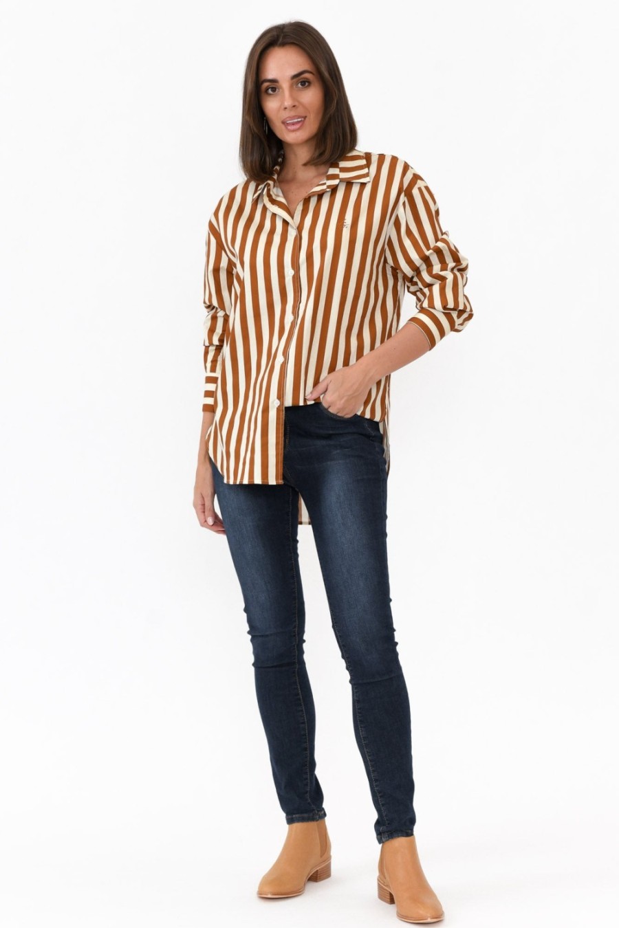 Clothing Dear Sutton Cotton Tops | Presley Rust Stripe Cotton Poplin Shirt