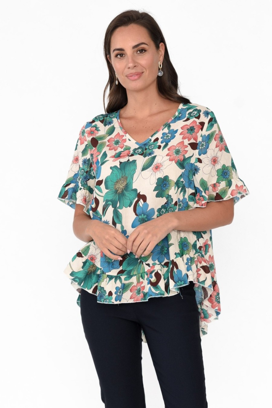 Clothing Wishstone Cotton Tops | Jenelle Green Floral Frill Top