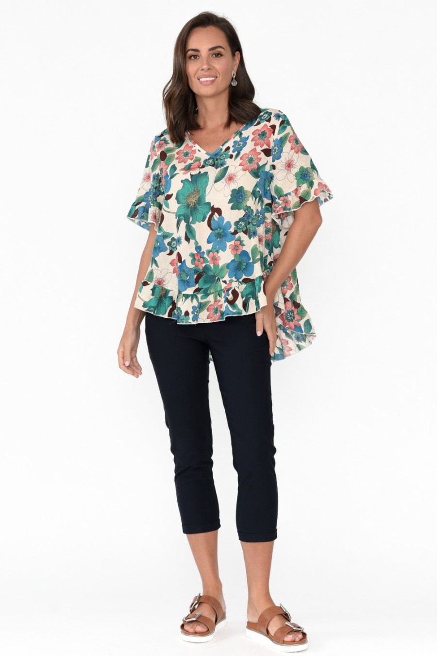 Clothing Wishstone Cotton Tops | Jenelle Green Floral Frill Top