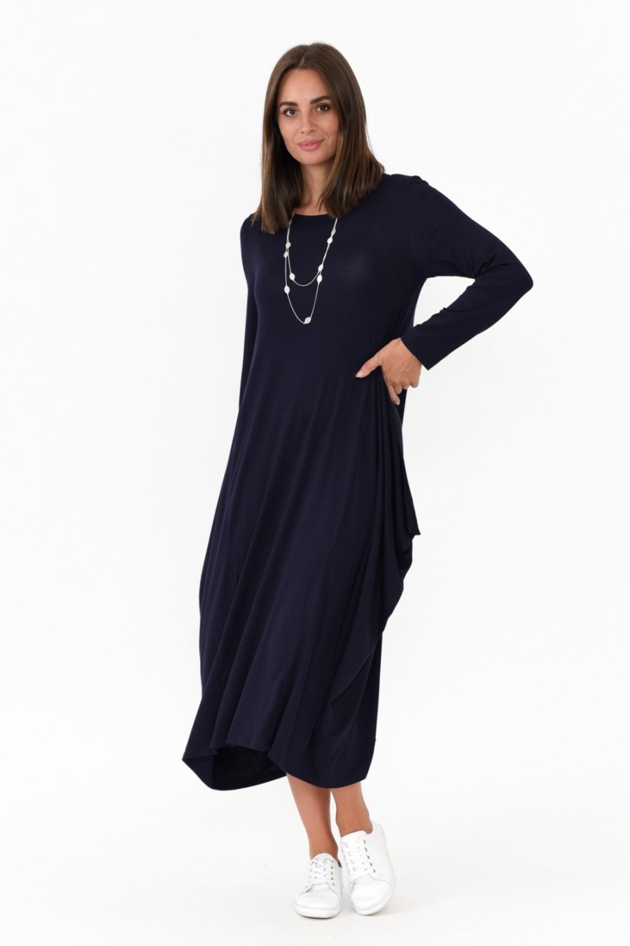 Clothing Cali and Co Midi Dresses | Kendal Navy Long Sleeve Dress