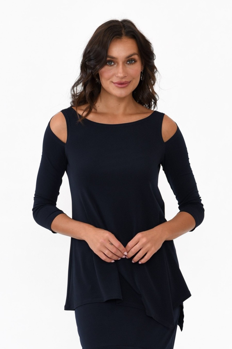 Clothing Illium Sleeved Tops | Ray Navy Cold Shoulder Top