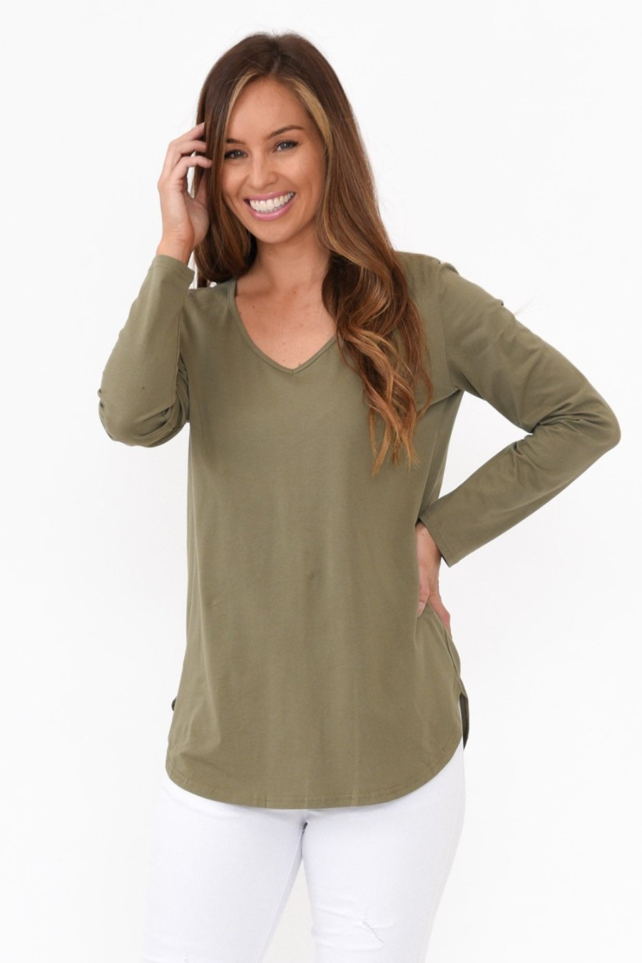 Clothing Cafe Latte Cotton Tops | Archer Khaki Cotton Long Sleeve Top