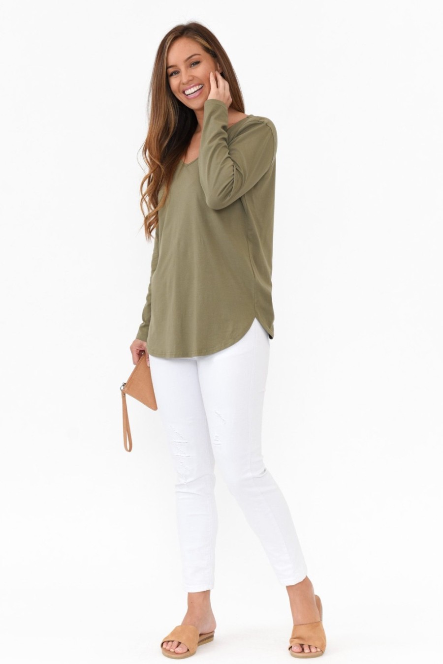 Clothing Cafe Latte Cotton Tops | Archer Khaki Cotton Long Sleeve Top