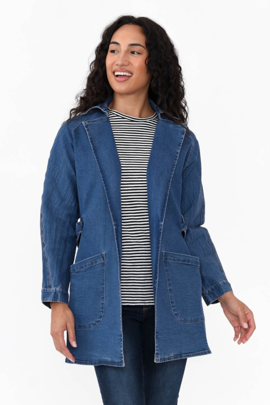 Clothing Betty Basics Jackets | Brynn Blue Denim Tie Waist Coat