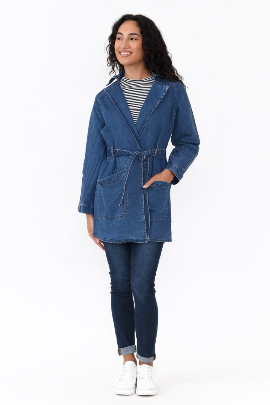 Clothing Betty Basics Jackets | Brynn Blue Denim Tie Waist Coat