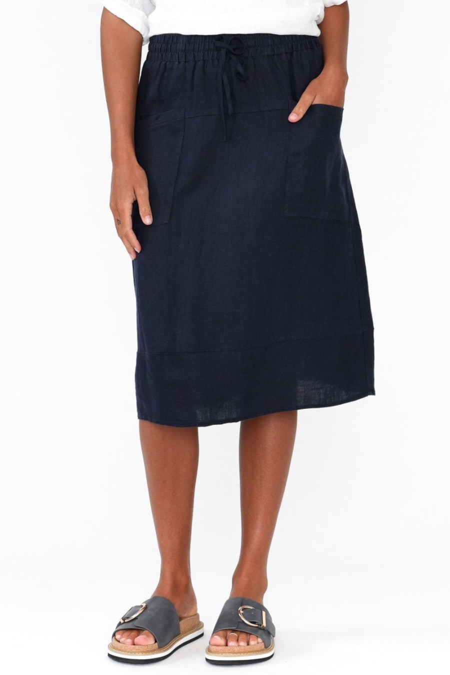 Clothing Gordon Smith Skirts | Claire Navy Linen Pocket Midi Skirt