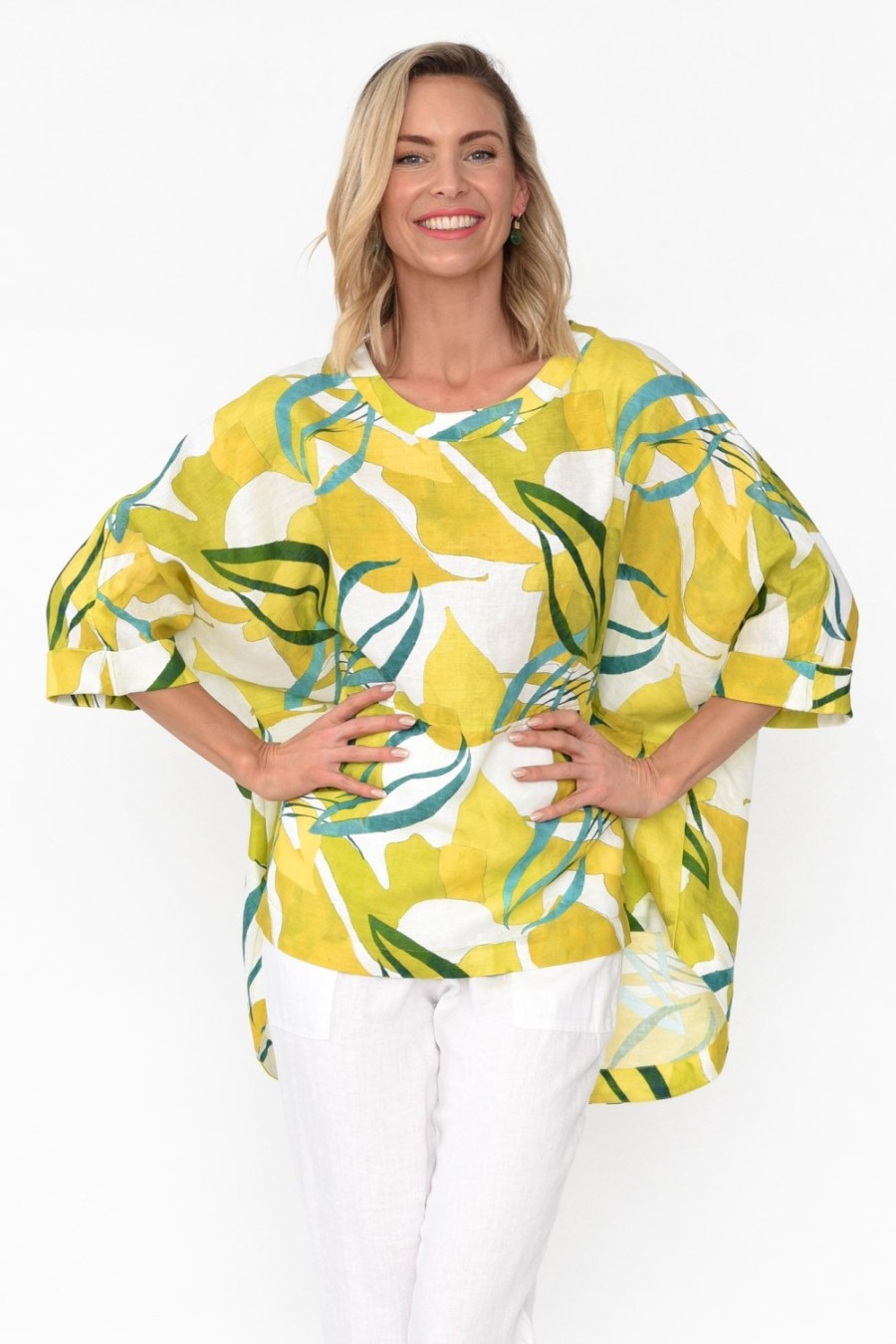 Clothing Tirelli Linen Tops | Huxton Yellow Garden Pleat Top