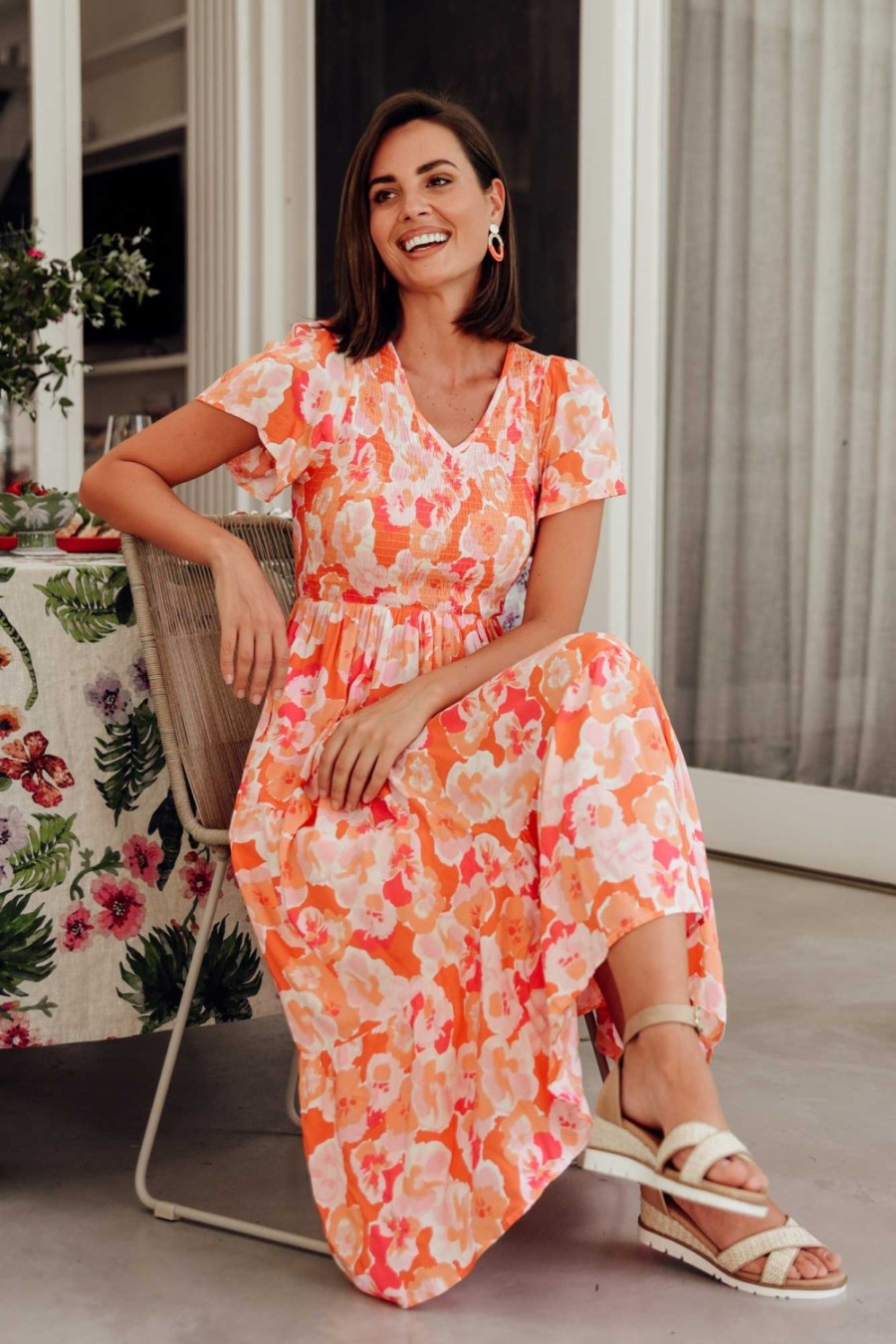 Clothing New U Collection Maxi Dresses | Naya Peach Blossom Shirred V Neck Dress