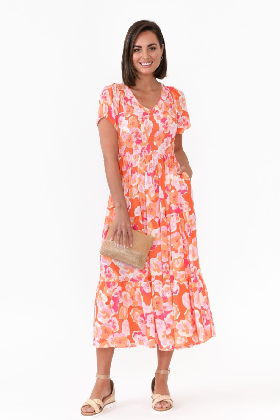 Clothing New U Collection Maxi Dresses | Naya Peach Blossom Shirred V Neck Dress